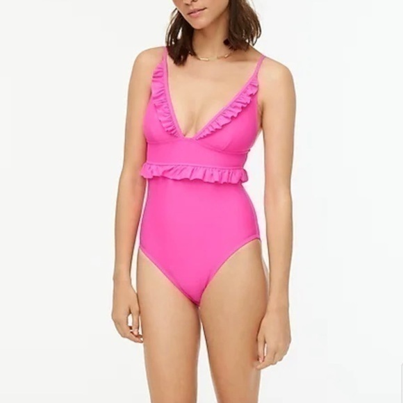 New J Crew Ruffle Deep V One Piece Swimsuit Neon Flamingo - Picture 1 of 6